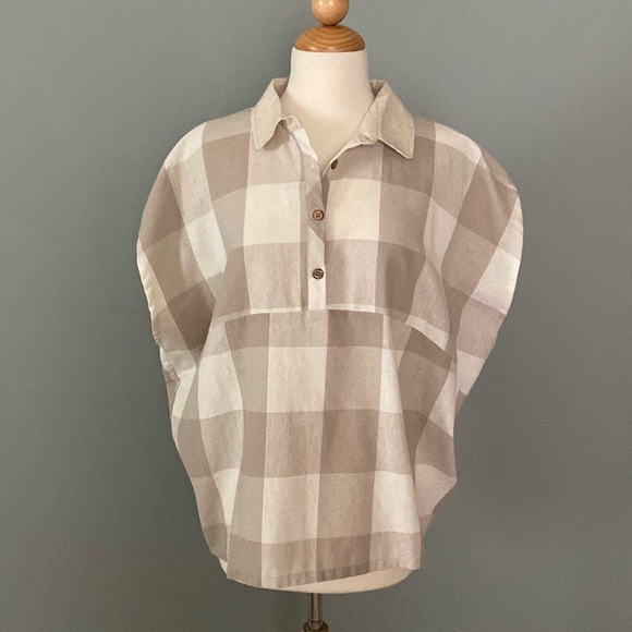 Moss Club Oversized Ball Style Cap Sleeves Checked Linen Shirt - Picture 3 of 5